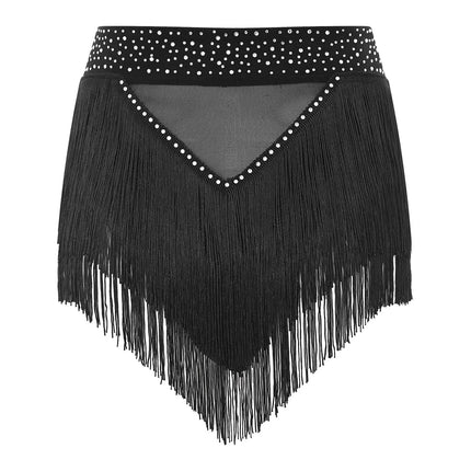 Rhinestone Tassel High-Waist Dance Shorts & Sheer Mesh Fringe Skirt