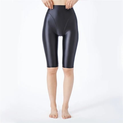 Oil Glossy High-Stretch Knee-Length Shorts Satin Shine Performance Biker Shorts