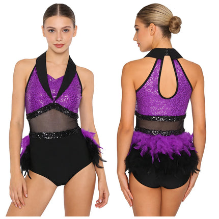 Women's Shiny Sequin Sheer Mesh Feather Latin Jazz Dance Bodysuit