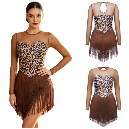 Leopard Rhinestone Fringe Latin Dance Bodysuit Mesh Long Sleeve Stage Performance Dress