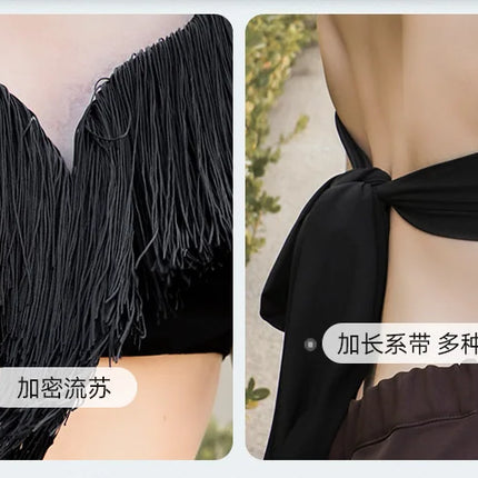 Black Latin Dance Fringe Camisole Top & High-Motion Practice Pants Set