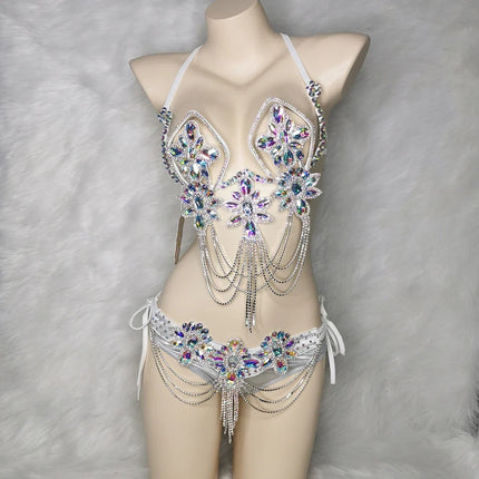 Handmade Samba Carnival Crystal Wire Bra, Panty & Belt 3-Piece Costume Set
