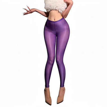 Women's Oil Glossy Sheer High-Stretch Pencil Pants Satin Smooth Leggings
