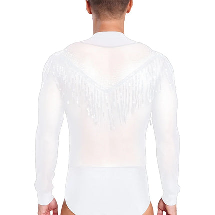 Men's Latin Salsa Sequin Tassel & Rhinestone V-Neck Performance Leotard Bodysuit