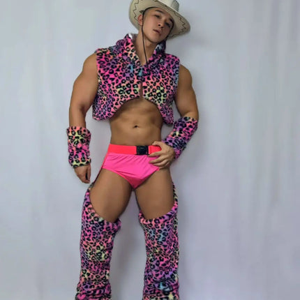 Men's Nightclub Party Performance Costume Pink Faux Fur Vest Hollow Pants Outfit
