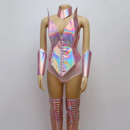 Bar Nightclub DJ Gogo Dance Costume Women Pink Laser Leather Armor Bodysuit Leg Cover Rave Outfit Party Show Drag Queen Costume