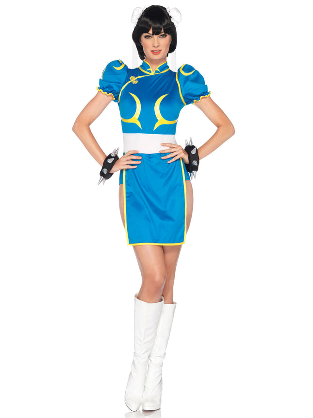 3 PC Street Fighter Chun-Li Costume, includes Bodysuit Dress with Signature Character Detail, Bun Covers with Ribbon Accents, and Spiked Wrist Cuffs - Blue - SML/MED