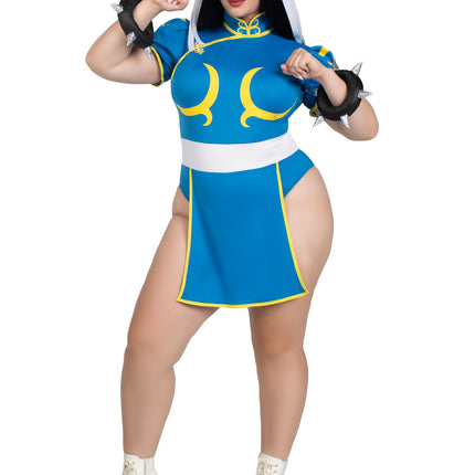 Plus Size 3 PC Street Fighter Chun-Li Costume, includes Bodysuit Dress with Signature Character Detail, Bun Covers with Ribbon Accents, and Spiked Wrist Cuffs - Blue - 1X-2X