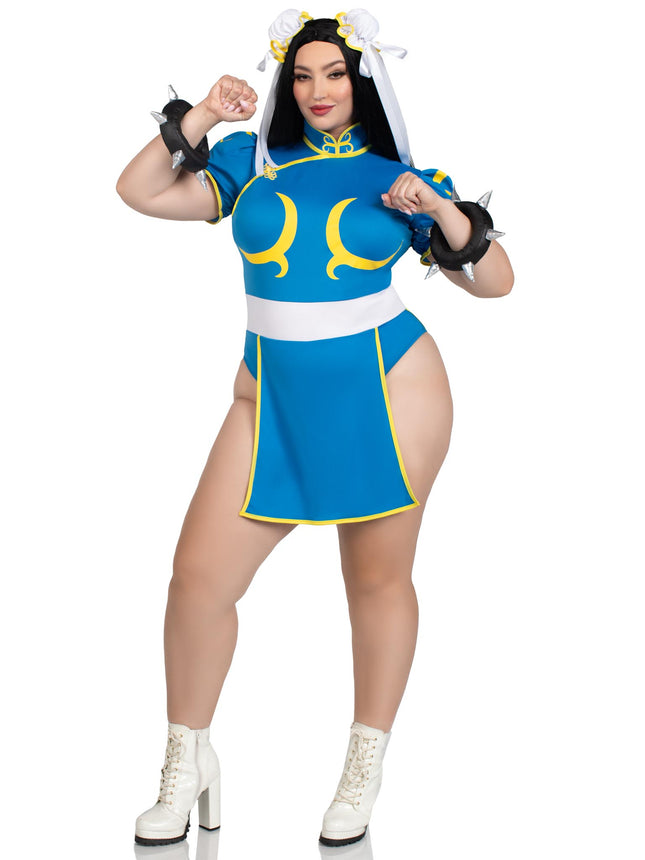 Plus Size 3 PC Street Fighter Chun-Li Costume, includes Bodysuit Dress with Signature Character Detail, Bun Covers with Ribbon Accents, and Spiked Wrist Cuffs - Blue - 3X-4X