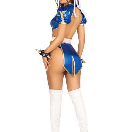 4 PC Street Fighter Battle Chun-Li Costume, Includes Cut-Out Shimmer Bodysuit with Padded Top and Tie Side Cheeky Bottoms, Skirted Belt, Spiked Wrist Cuffs, and Bun Covers - Multicolor - LARGE