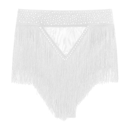 Rhinestone Tassel High-Waist Dance Shorts & Sheer Mesh Fringe Skirt