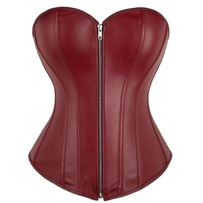 Vintage Overbust Faux Leather Corset Front Zip Lace-Up Steampunk Bustier