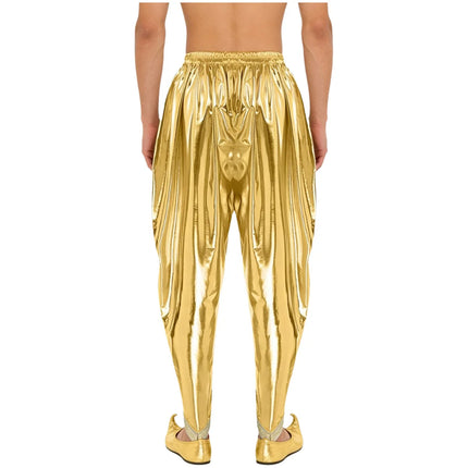 Men's Metallic Shiny Harem Dhoti Pants Gold Brocade Trim Prince Cosplay Costume