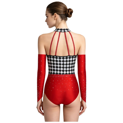 Queen of Hearts Rhinestone Halter Bodysuit & Sleeves Checkered Circus Stage Costume Set
