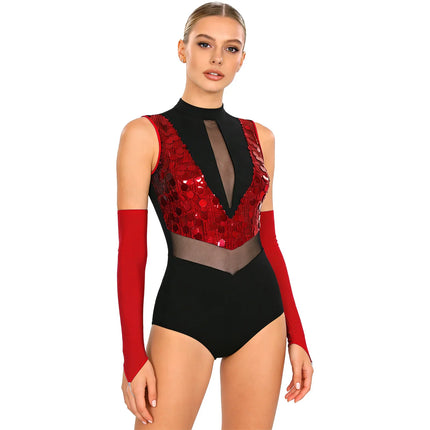 Sparkly Sequin Mock Neck Dance Leotard & Gloves Two-Piece Bodysuit Set