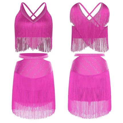 Sparkly Rhinestone & Tassel Fringe Two-Piece Latin Tango Dance Outfit Set