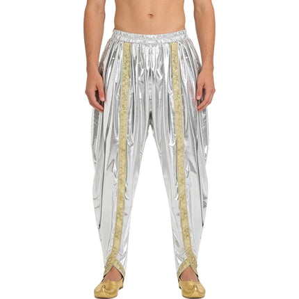Men's Metallic Shiny Harem Dhoti Pants Gold Brocade Trim Prince Cosplay Costume