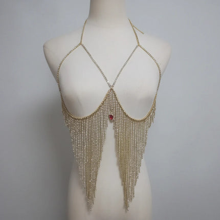 Dazzling Crystal Tassel Bikini Bra Chain & Love Pendant Chest Jewelry