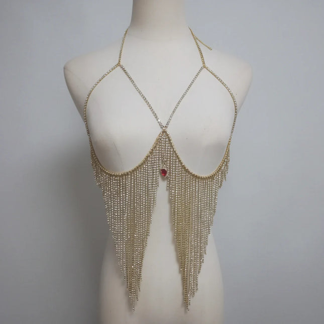 Dazzling Crystal Tassel Bikini Bra Chain & Love Pendant Chest Jewelry