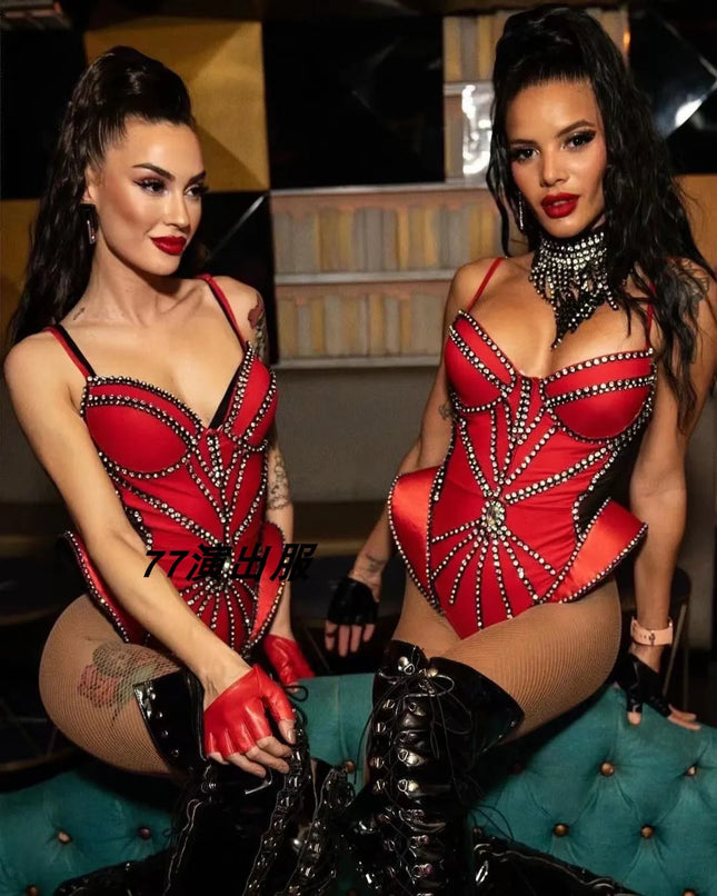 Luxury Rhinestone Performance Bodysuit – Premium Crystal Stage Costume for GoGo Dancers, Circus Performers & Festival Rave Outfits