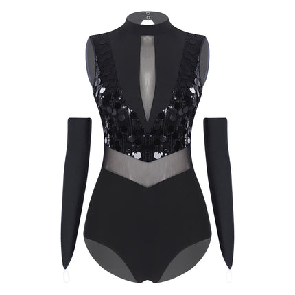 Sparkly Sequin Mock Neck Dance Leotard & Gloves Two-Piece Bodysuit Set