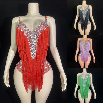 Custom Fringe Rhinestone Bodysuit & Stage Performance Dance Costume