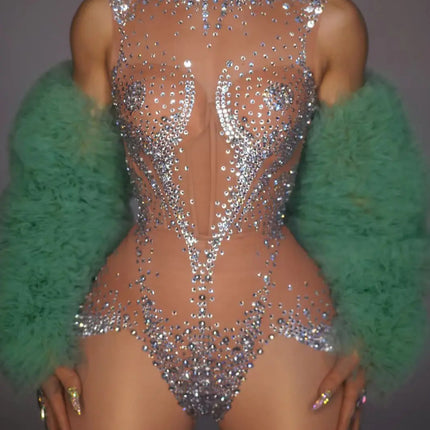 Crystal Mesh See-Through Pole Dance Leotard & Rhinestone Bodysuit Romper