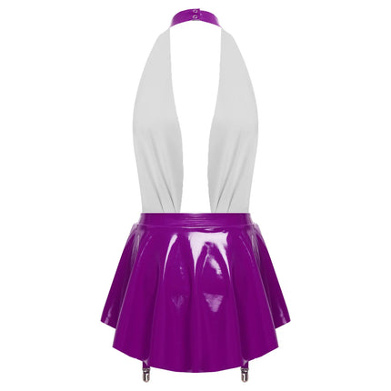 Glossy Wet-Look Halter Romper Bodysuit with Flared Skirt Hem & Integrated Garters