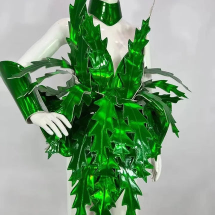 Emerald Laser Leaf Sculptural Bodysuit & Collar 2-Piece Drag Queen Carnival Stage Costume