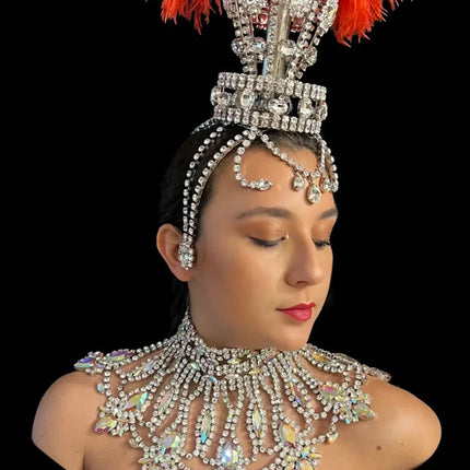 Crystal Rhinestone Ostrich Feather Headdress & Necklace Set