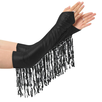 Sequined Fringe Latin Dance & Figure Skating Jumpsuit Leotard Set with Mesh Gloves