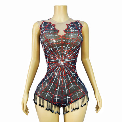 Spiderweb Rhinestone High-Cut Stage Bodysuit Halloween Dance Performance Leotard