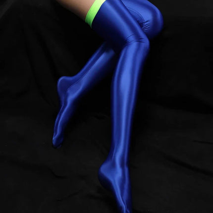 Oil Glossy Patchwork Thigh-High Stockings Satin Smooth Over-Knee Dance Hosiery