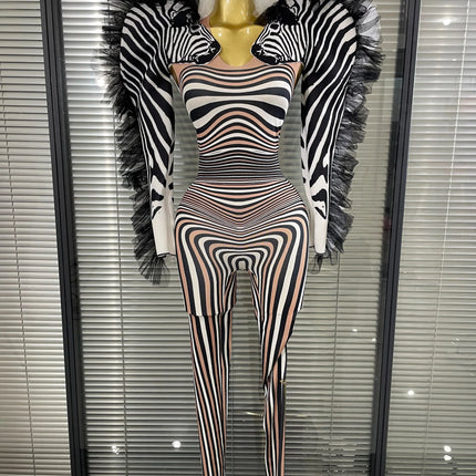Zebra Print Illusion Catsuit & Feather Wing Bolero Jacket 2-Piece Stage Costume Set