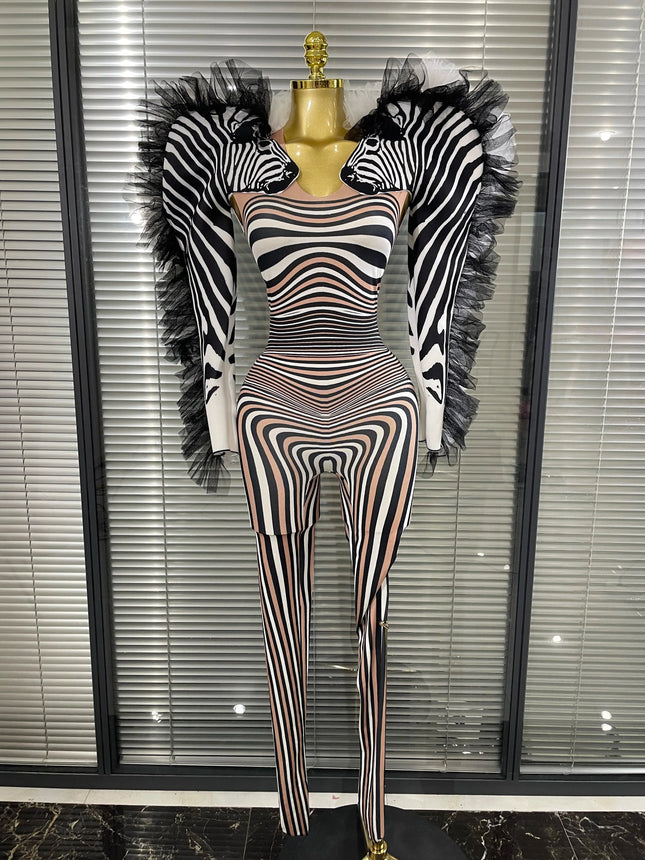 Zebra Print Illusion Catsuit & Feather Wing Bolero Jacket 2-Piece Stage Costume Set
