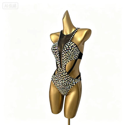 Crystal Rhinestone Mesh Backless Bodysuit Pole Dancing Stage Costume