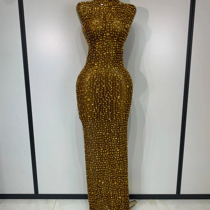 Sparkly Rhinestone Sleeveless Maxi Long Dress See-Through Sheer Mesh Stage Outfit