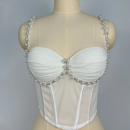 Pearl & Rhinestone Embroidered Bustier Corset Crop Top High Street Bralette
