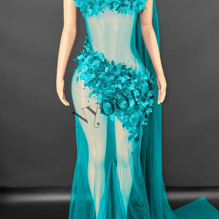 Sheer Rhinestone Applique Evening Gown Long Tail Showgirl Stage Performance Dress