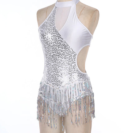 Sequined Fringe Latin Dance & Figure Skating Jumpsuit Leotard Set with Mesh Gloves