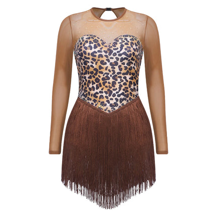 Leopard Print Rhinestone Tassel Dance Dress Long Sleeve Keyhole Bodysuit