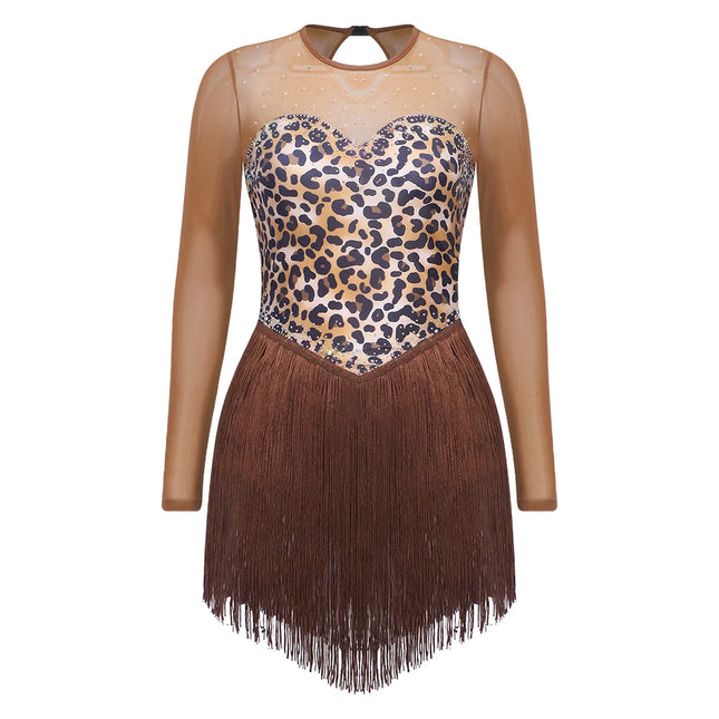 Leopard Print Rhinestone Tassel Dance Dress Long Sleeve Keyhole Bodysuit