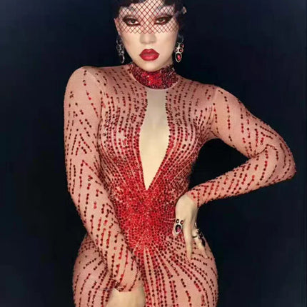Crimson Red Rhinestone Catsuit Long Sleeve Illusion Stage Performance Jumpsuit