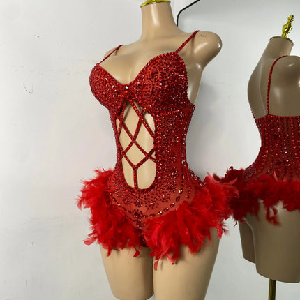 The Stardust Follies Feather Bodysuit – Luxury Rhinestone & Mesh Showgirl Costume
