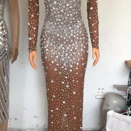 Sparkling Full Crystal Illusion Jumpsuit Long Sleeve Rhinestone Catsuit Stage Wear