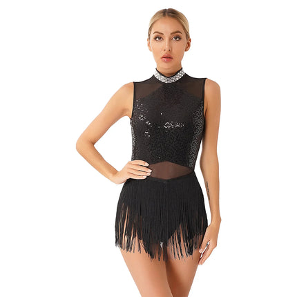 Women Sequins Diamond Latin Jazz Dance Costume Sleeveless Cutout Back Flowy Tassel Dress Leotard Tango Cha-Cha Samba Dancewear