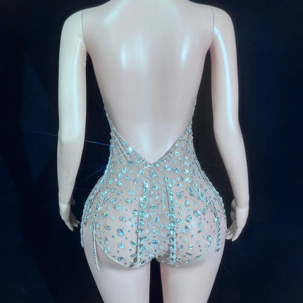 Silver Crystal Halter Illusion Bodysuit Sparkly Backless Rhinestone Stage Leotard