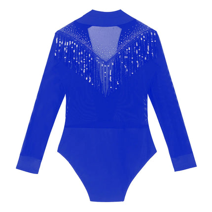 Men's Latin Salsa Sequin Tassel & Rhinestone V-Neck Performance Leotard Bodysuit