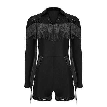 Western Cowgirl Sequin Fringe Long Sleeve Bodysuit Disco Dancewear Romper