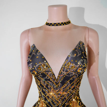 Gold Sequin Halter Bodysuit & Beaded Tassel Fringe Latin Dance Stage Costume